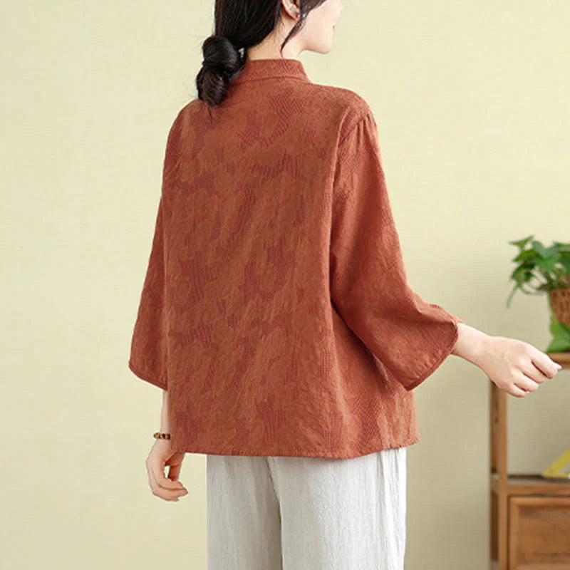 Buddha Stones Flower Embroidery Jacquard Three Quarter Sleeve Frog-Button Cotton Women's Shirt