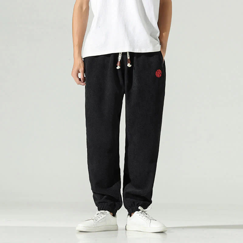 Buddha Stones Fall Plain Corduroy Embroidery Design Men's Harem Pants With Pockets