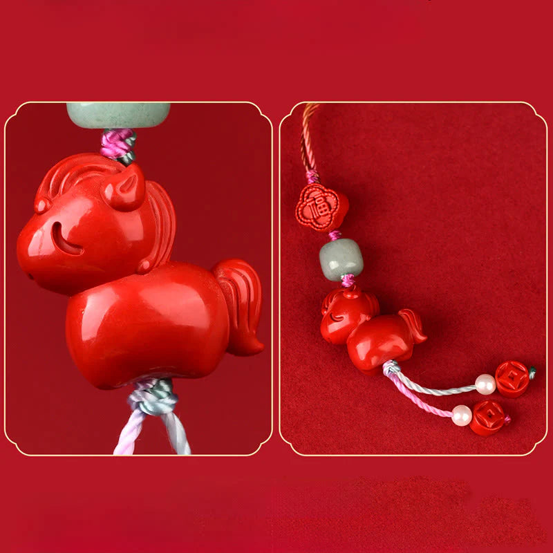 Buddha Stones Year of the Horse Natural Cinnabar Fu Character Blessing Phone Hanging Decoration