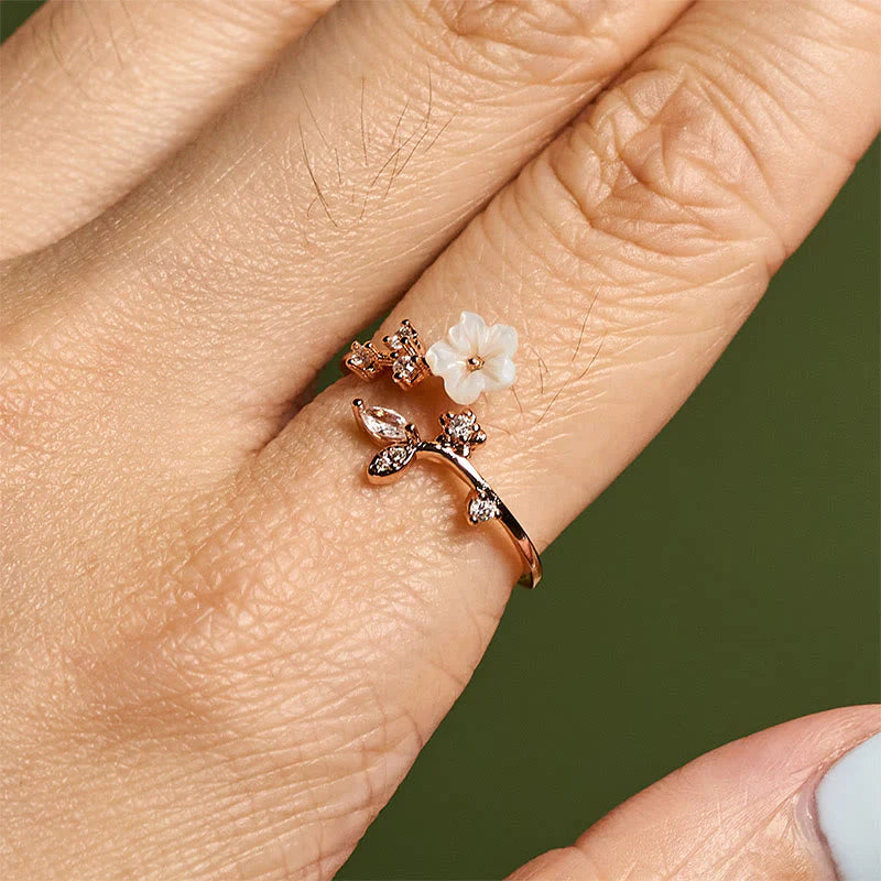 Buddha Stones White Flower Design Adjustable Healing Copper Ring