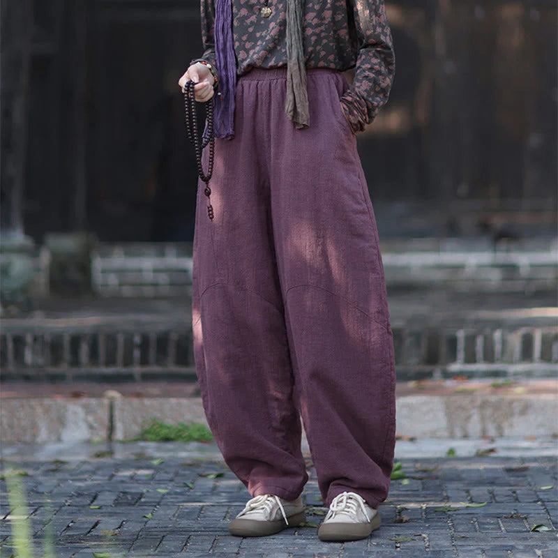 Buddha Stones Winter Elastic Waist Ramie Cotton Thermal Women's Pants With Pockets