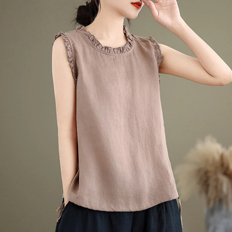 Buddha Stones Summer Ruffled Design Drawstring Crew Neck Cotton Linen Women's Sleeveless Vest