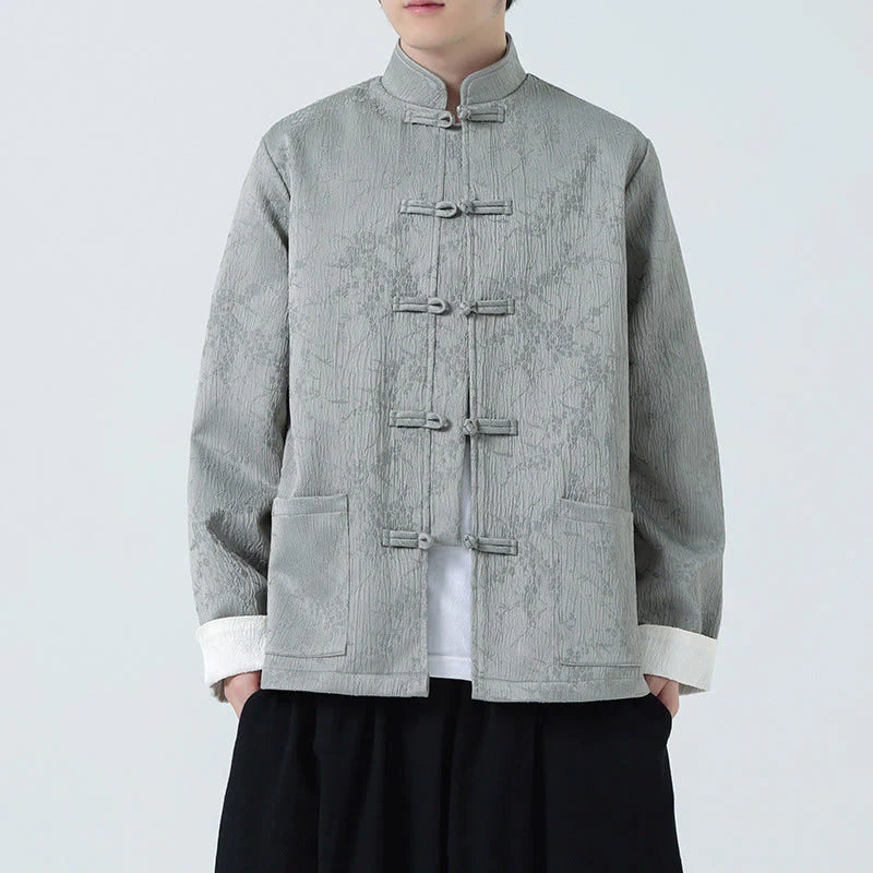 Buddha Stones Jacquard Stand Collar Long Sleeve Men's Cotton Jacket With Pockets