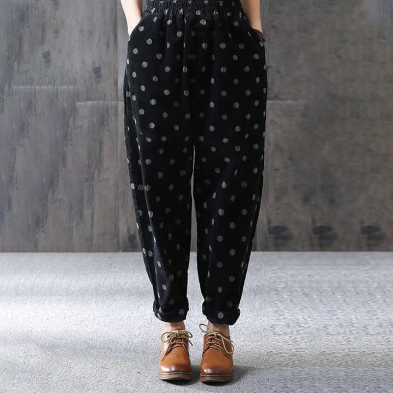 Buddha Stones Women's Fall Commute Printing Dot Pattern Corduroy Harem Pants With Pockets