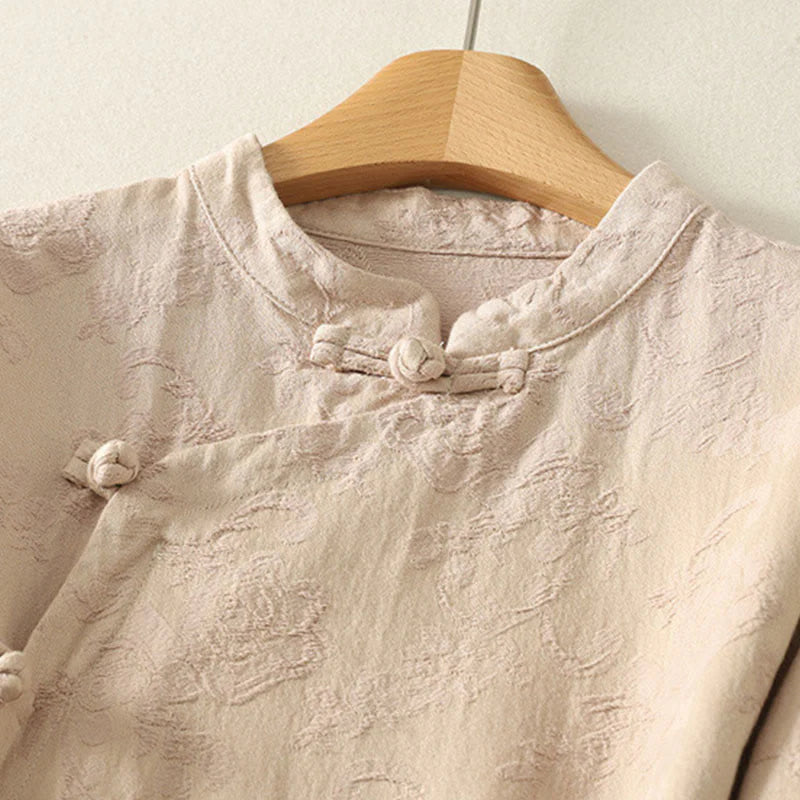 Buddha Stones Spring Plain Jacquard Design Women's Cotton Zen Long Sleeve Shirt