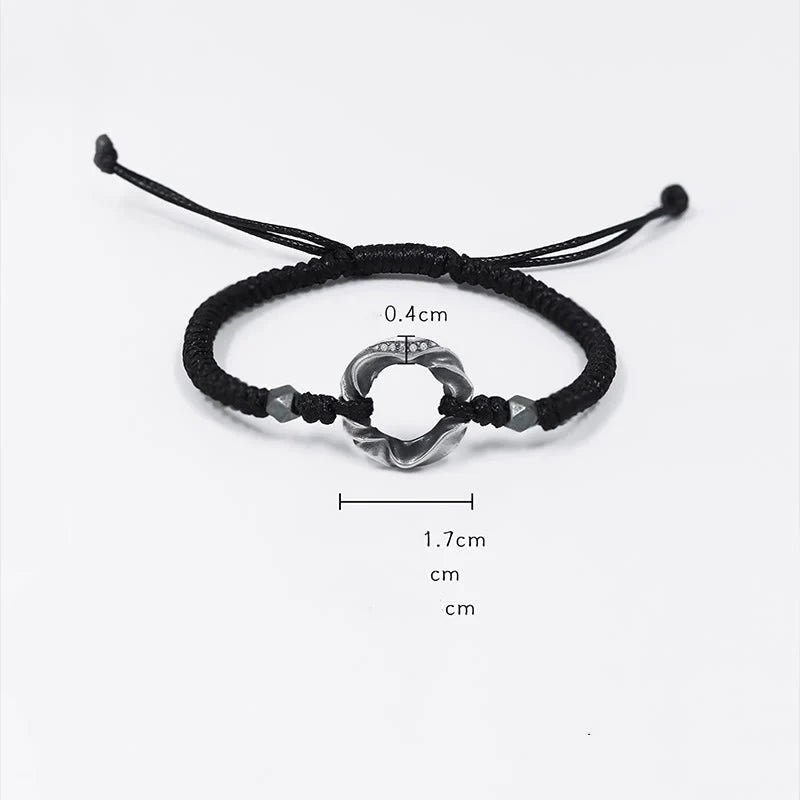 Buddha Stones 999 Sterling Silver Peace Buckle Black Wax Rope Protection Bracelet