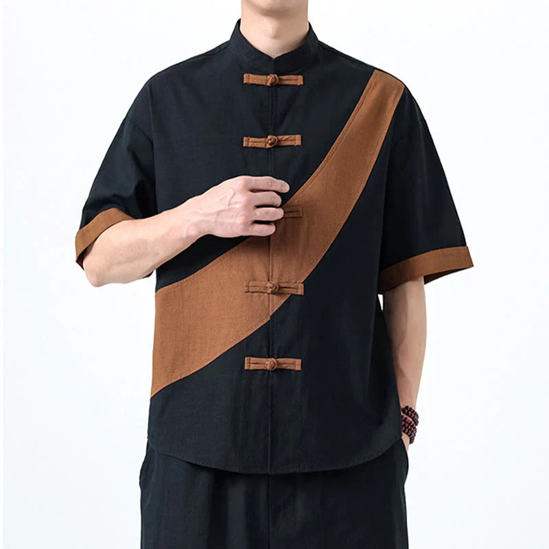 Buddha Stones Spring Color Contrast Chinese Frog-Button Design Men's Half Sleeve Cotton Linen Shirt