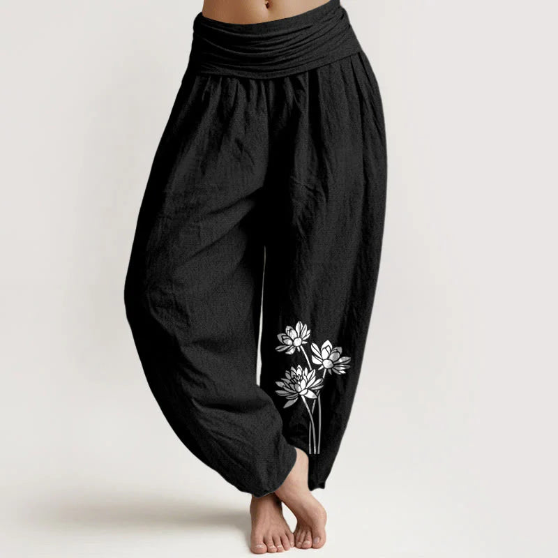Buddha Stones Casual Three Lotus Flowers Pattern Women's Elastic Waist Harem Cotton Pants