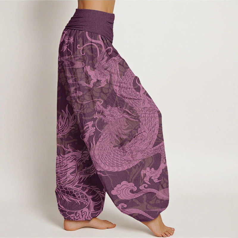 Buddha Stones Cotton Dragon Auspicious Clouds Women's Elastic Waist Harem Pants