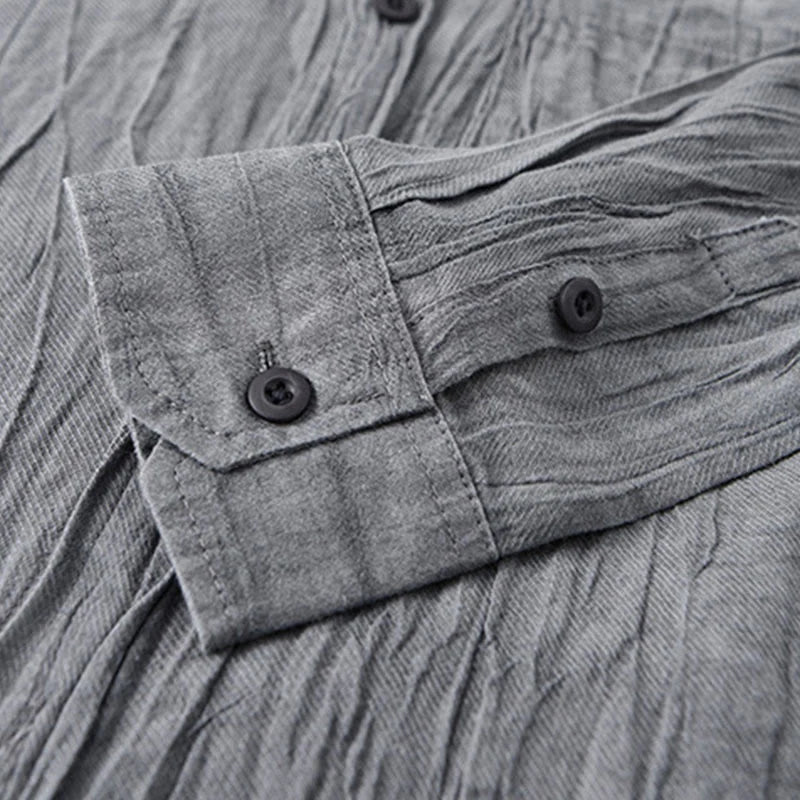 Buddha Stones Solid Long Sleeve Stand Collar Wrinkles Button Down Ramie Linen Men's Shirts