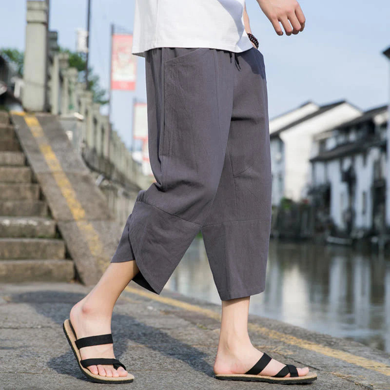 Buddha Stones Summer Casual Simple Plain Tapered Design Drawstring Men's  7-8 Length Cotton Linen Pants With Pockets