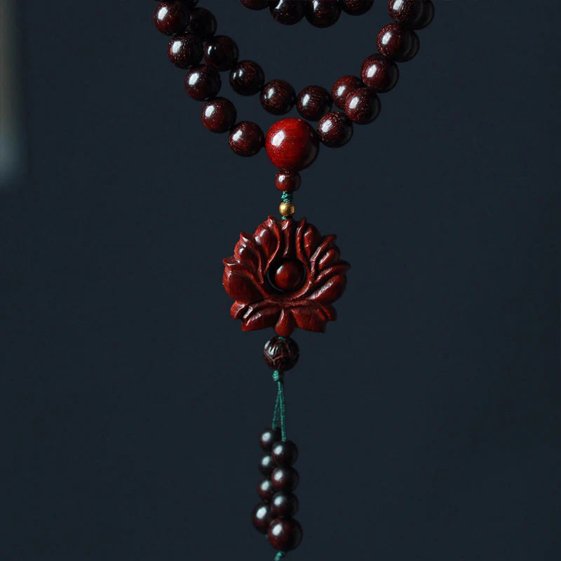 Buddha Stones Tibetan Small Leaf Red Sandalwood Lotus Mala Balance Bracelet