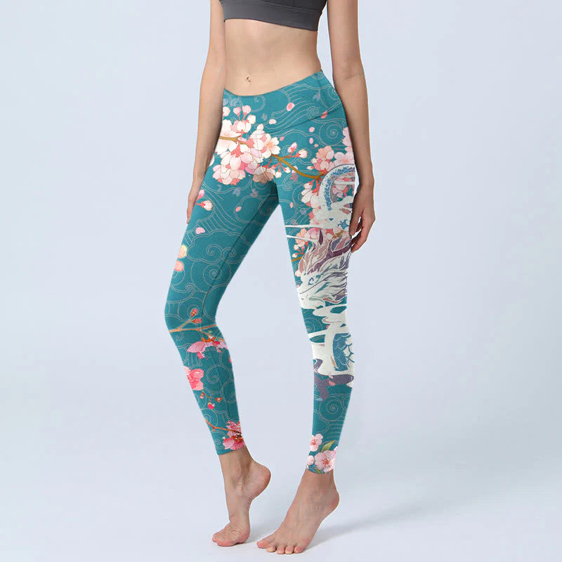 Buddha Stones Dragon Cherry Blossoms Print Gym Leggings Women's Yoga Pants