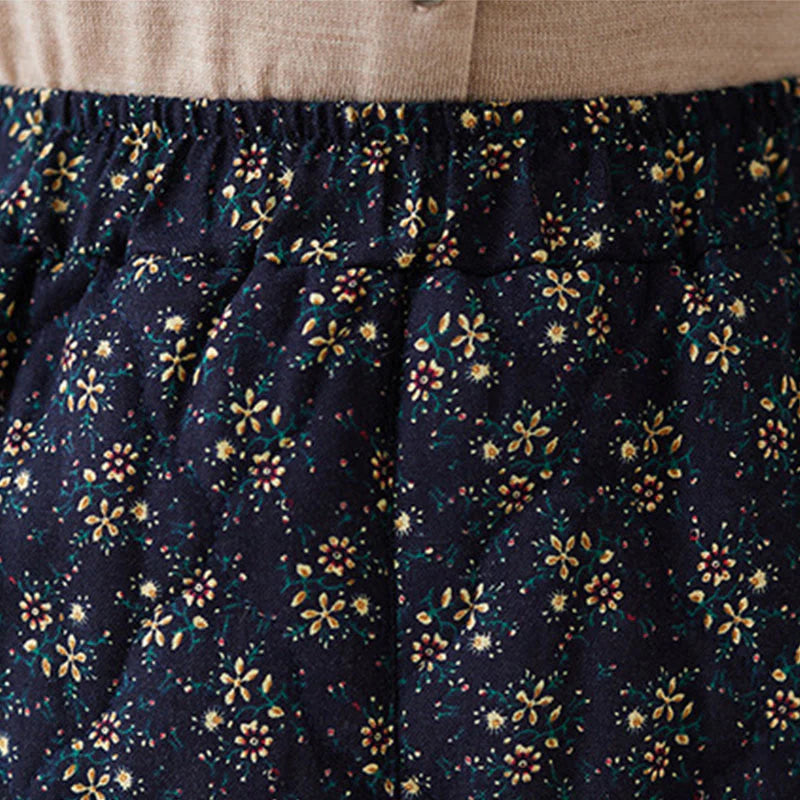 Buddha Stones Vintage Floral Pattern Elastic Waist Cotton Women's Midi Skirt With Pockets