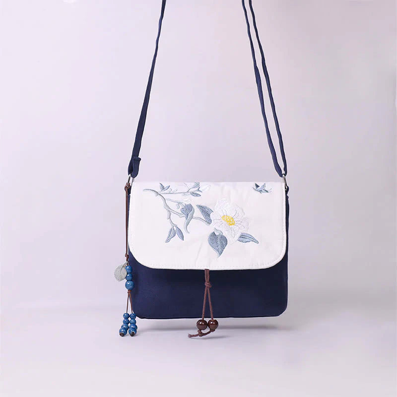 Buddha Stones Embroidered Camellia Epiphyllum Gardenia Sakura Flowers Crossbody Bag Shoulder Bag Cellphone Bag