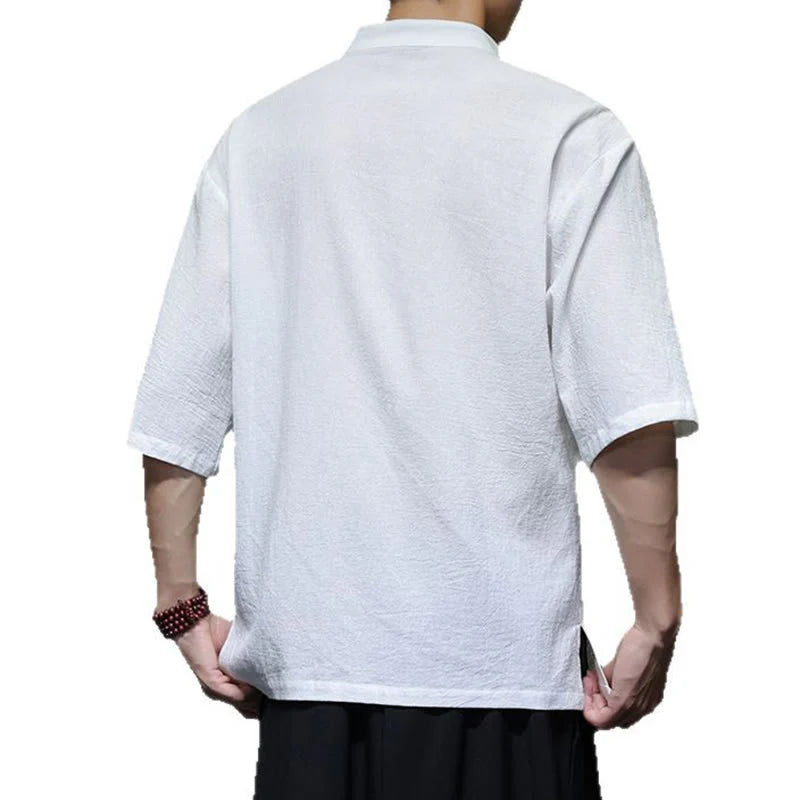 Buddha Stones Plain Chinese Frog-Button Stand Collar Cotton Linen Men's Half Sleeve Shirt