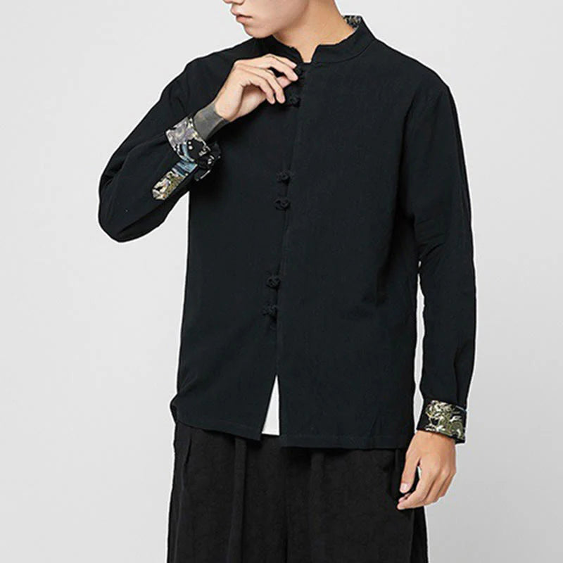Buddha Stones Men's Frog-Button Dragon Pattern Cuffs Cotton Long Sleeve Shirt