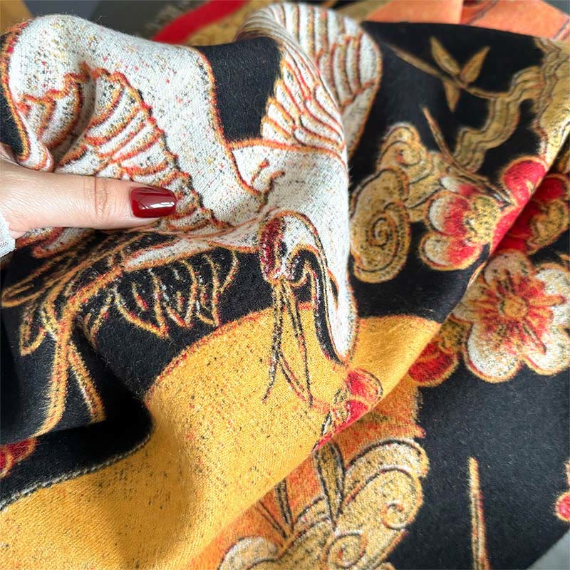 Buddha Stones Winter Crane Plum Blossom Auspicious Clouds Pattern Tassels Cozy Scarf Shawl