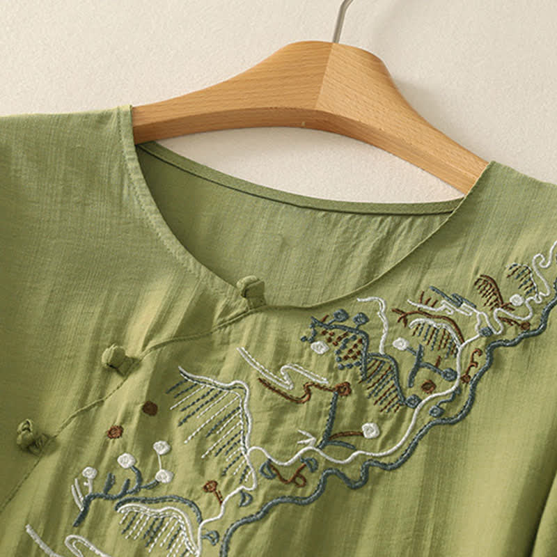 Buddha Stones Summer Mountain Embroidered Crew Neck Women's Short Sleeve Shirt
