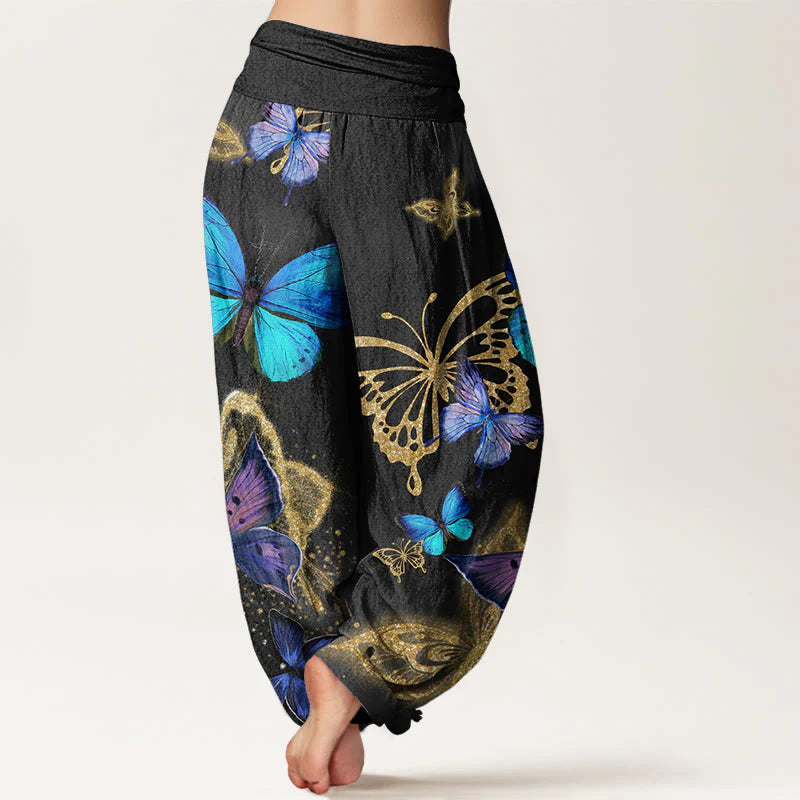 Buddha Stones Cotton Casual Butterfly Gold Pattern Women's Elastic Waist Harem Pants