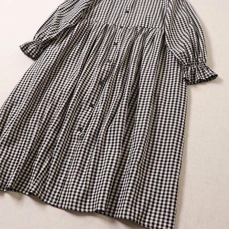 Buddha Stones Long Sleeve Plaid Simple Buttons Ruffled Design Midi Dress With Pockets