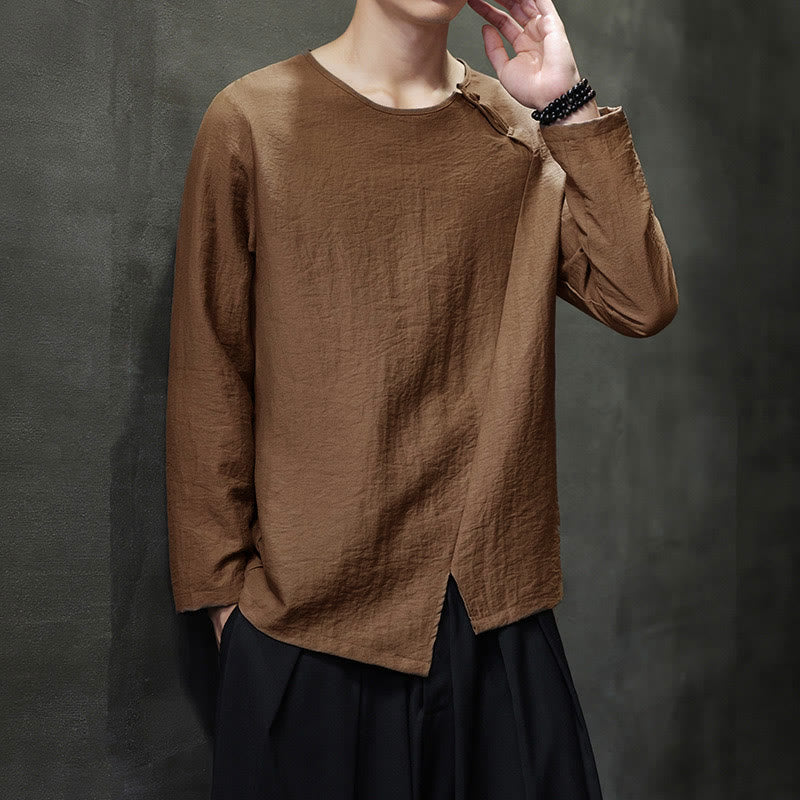 Buddha Stones Solid Color Loose Long Sleeve Round Neck Men's Shirts