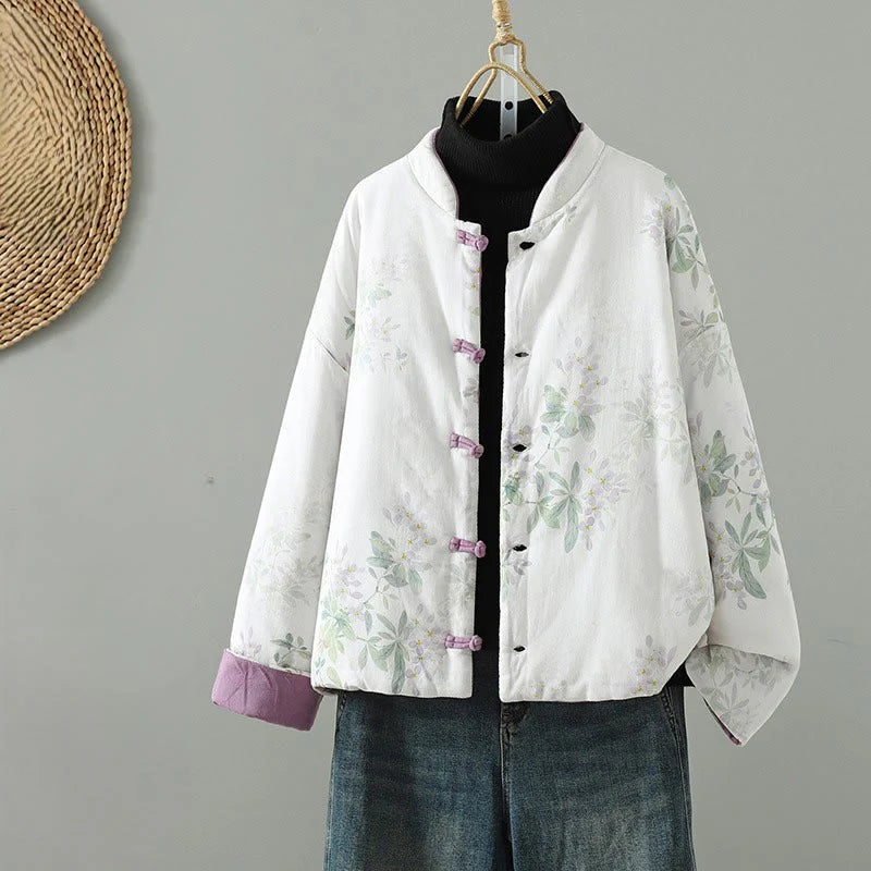 Buddha Stones Women's Printing Flower Pattern Long Sleeve Frog-buttons Cotton Jacket