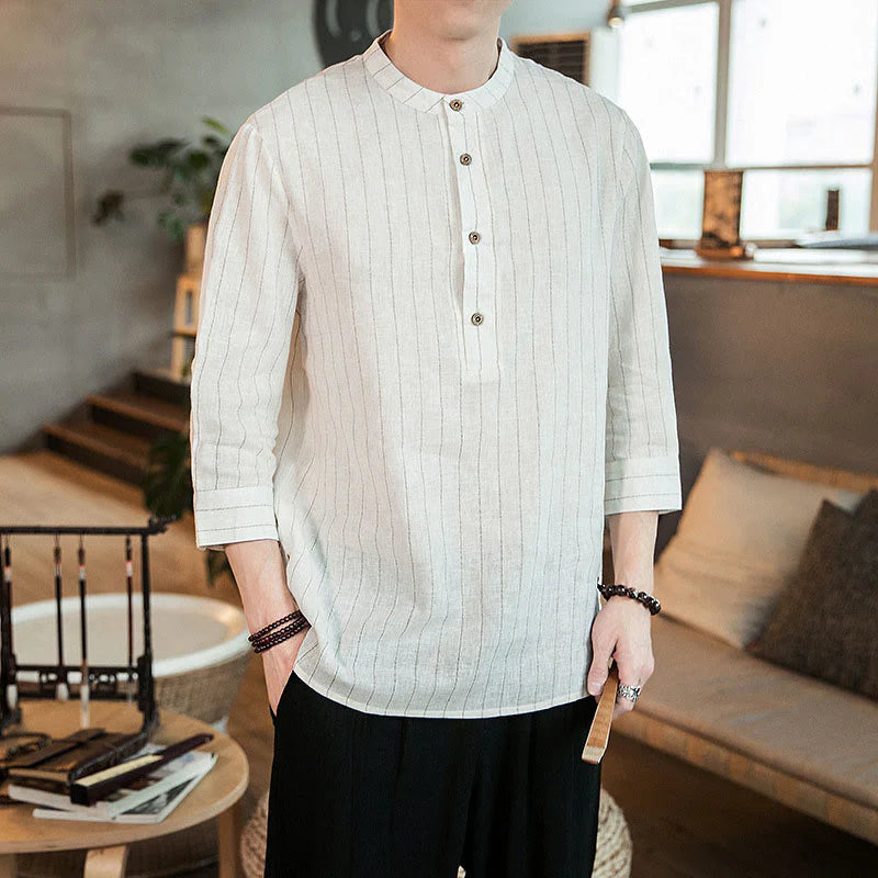Buddha Stones Plaid Half Buttons Stand Collar Three Quarter Sleeve Cotton Men's Shirt