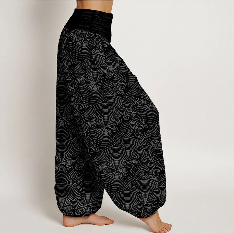 Buddha Stones Pure Cotton Fu Character Ocean Waves Women's Elastic Waist Harem Pants