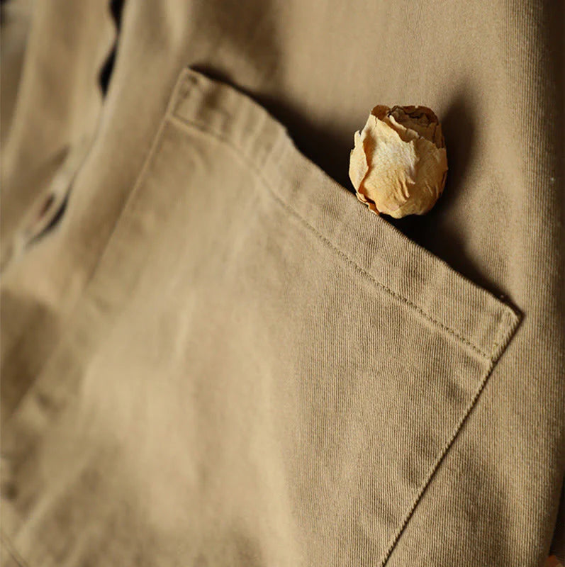 Buddha Stones Vintage Casual Pure Color Lapel Women's Cotton Jacket With Pockets