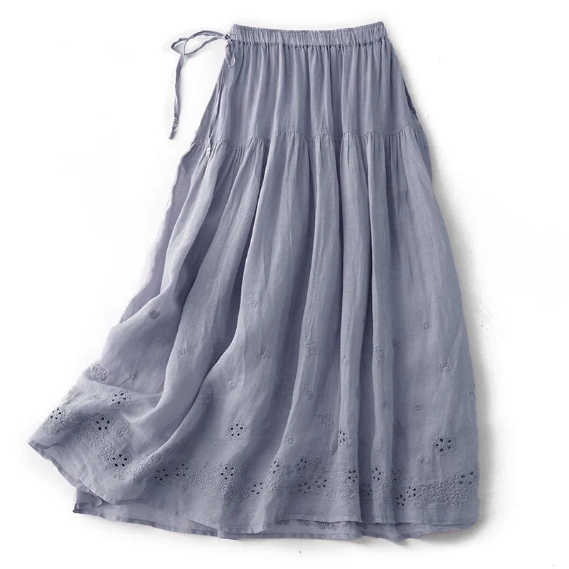 Buddha Stones Embroidery Hollow Design A-line Drawstring High Waist Women's Skirt With Pockets
