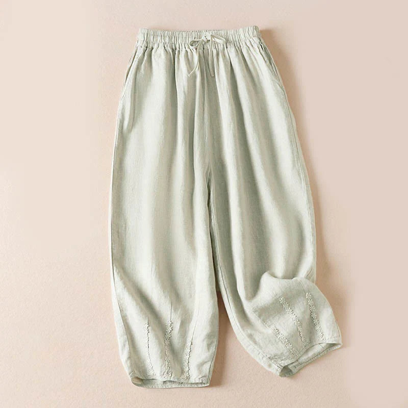 Buddha Stones Summer Small Flower Embroidery  Harem Pants With Pockets