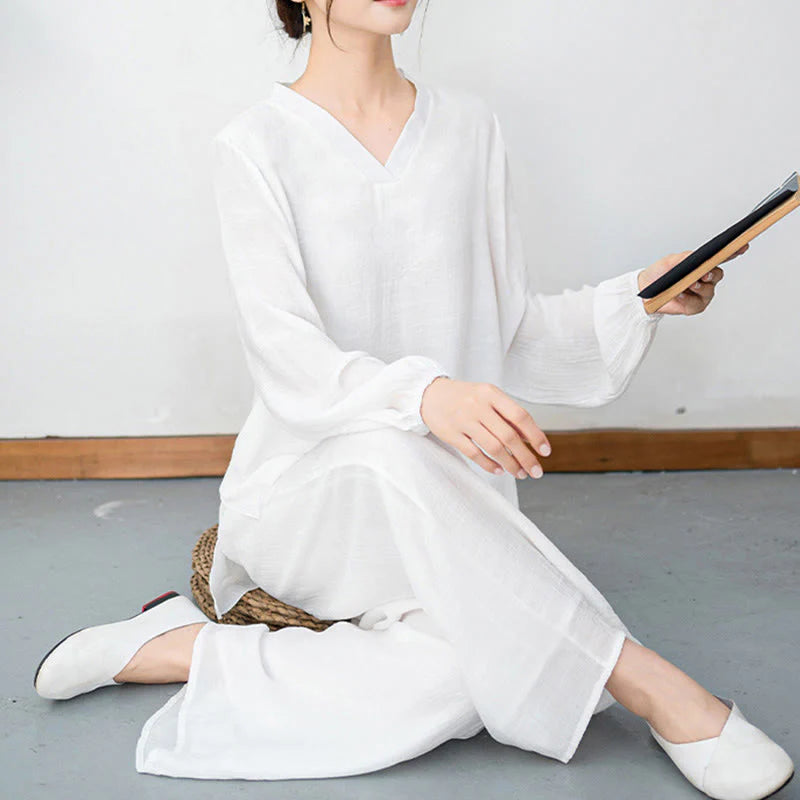 Buddha Stones 2Pcs White Long Sleeve V-Neck Shirt Wide Leg Pants Meditation Women's Set