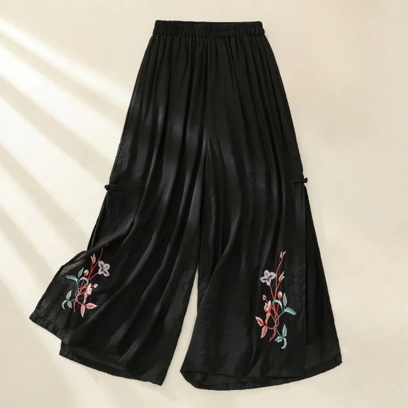 Buddha Stones Artistic Embroidery Flower Double Layer Chinese Frog Button Split Cotton Linen Women's Wide Leg Pants