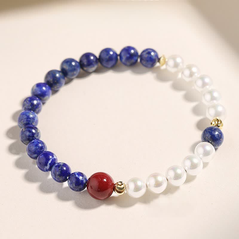 Buddha Stones Lapis Lazuli Lazurite Pearl Cinnabar Positive Beaded Bracelet