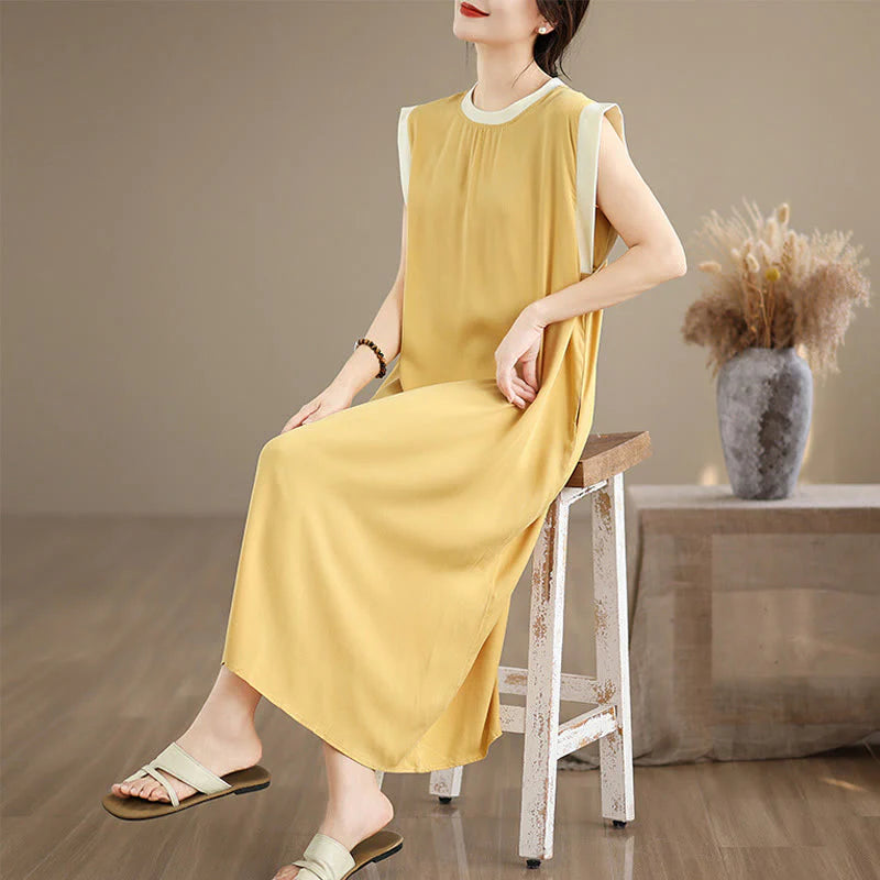 Buddha Stones Pure Color Slit Design Sleeveless Cotton Midi Dress With Pockets