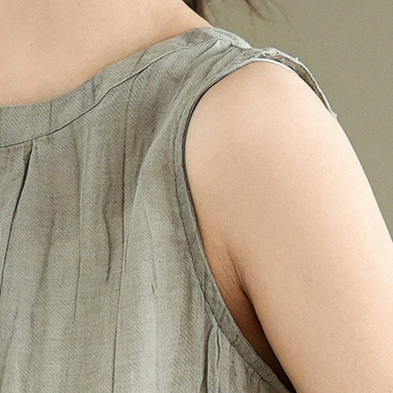 Buddha Stones Summer Wrinkles Simple Design Crew Neck Cotton Linen Women's Sleeveless Vest Waistcoat