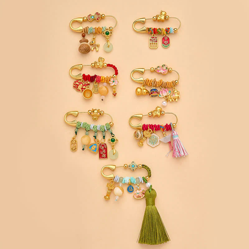 Buddha Stones Year Of The Horse Fu Character Lotus Attract Fortune Ruyi Handle Peace Buckle Luck Brooch
