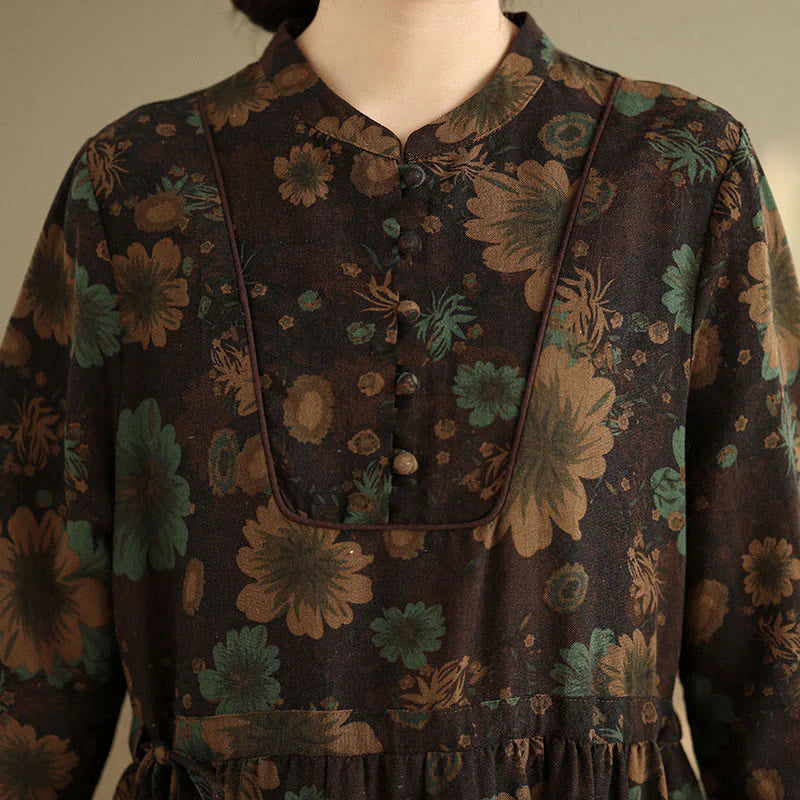 Buddha Stones Flower Pattern Long Sleeve Cotton Midi Dress With Pockets