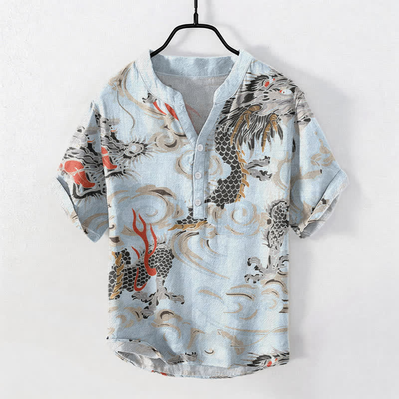Buddha Stones Cotton Dragon Print Henley Men's Short Sleeve Half Button Shirt