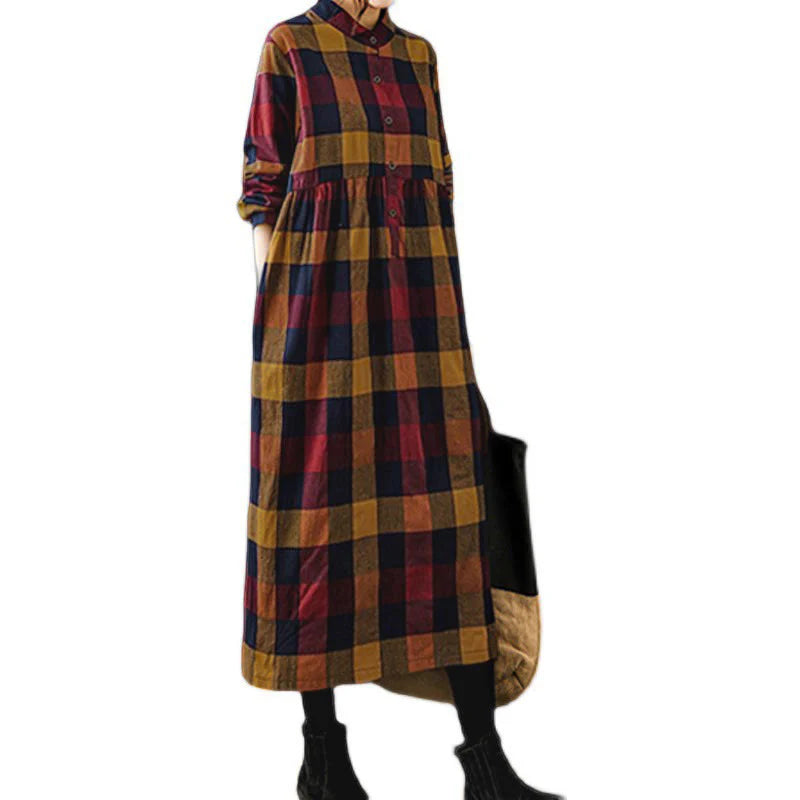 Buddha Stones Commute Patchwork Color Plaid Long Sleeve Cotton Midi Dress