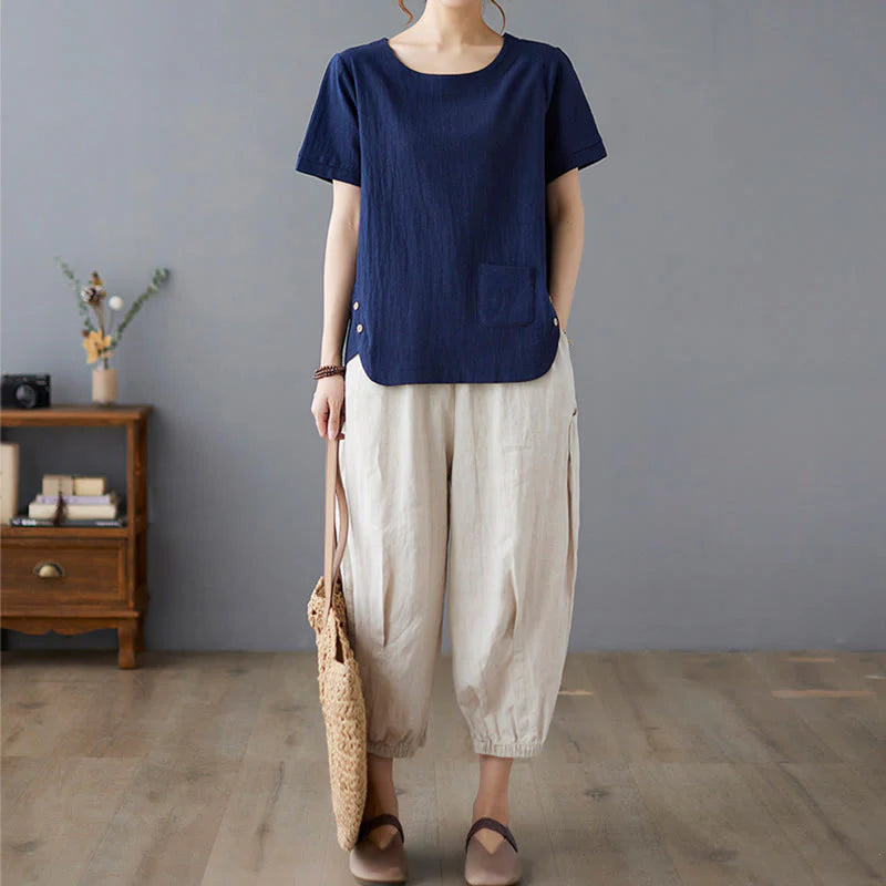 Buddha Stones Side Slit Design Women's Cotton Linen Crew Neck Short Sleeve T-Shirt Wtih Pocket