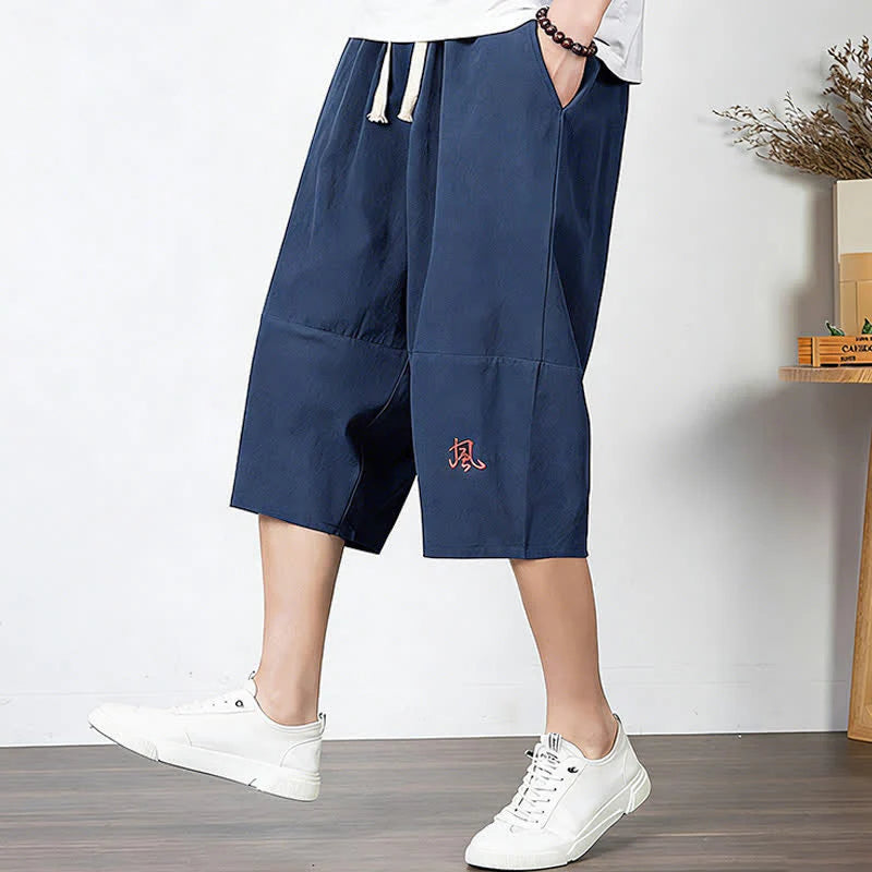 Buddha Stones Plain Drawstring Capri Length Men's Cotton Linen Harem Pants With Pockets