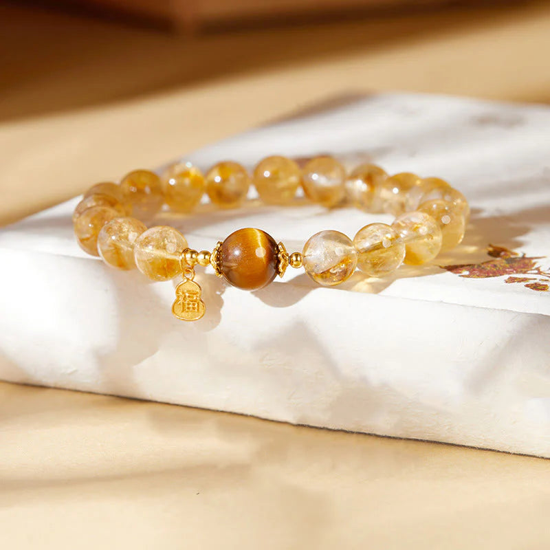 Buddha Stones 925 Sterling Silver Gourd Fu Character Citrine Tiger Eye Prosperity Bracelet