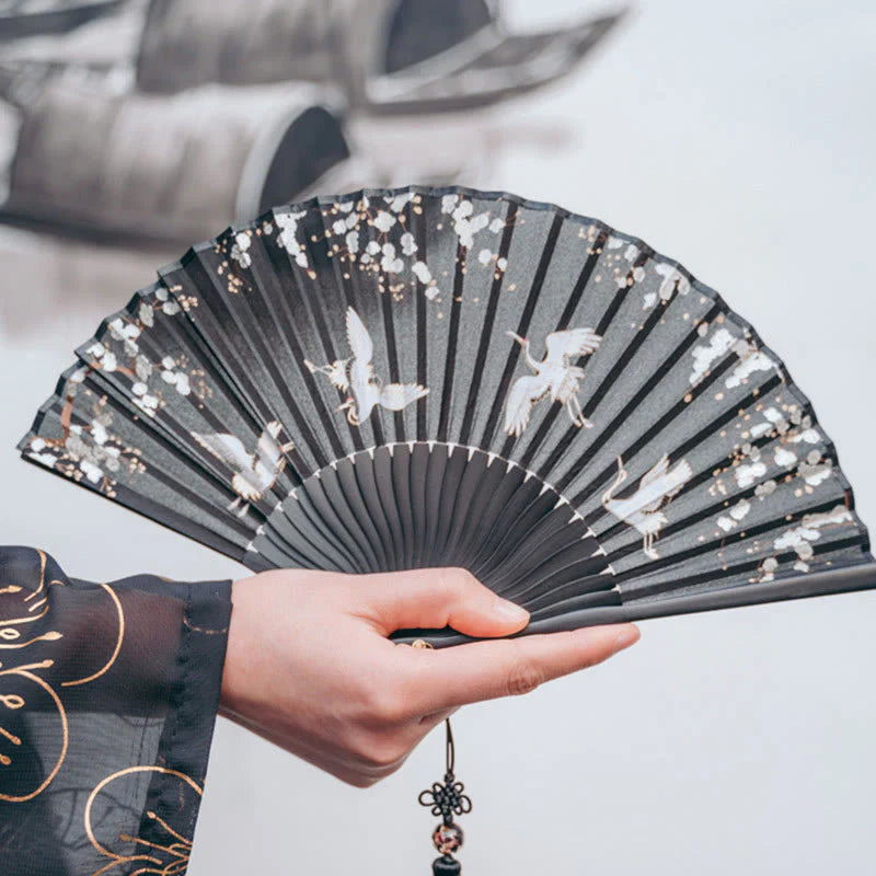 Buddha Stones Plum Blossom Crane Silk Handheld Bamboo Folding Fan