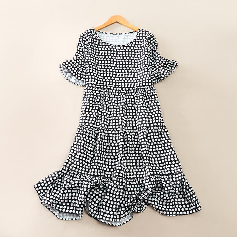 Buddha Stones Summer Elegant Polka Dot A Line Ruffle Hem Short Sleeve Knee Length Dress