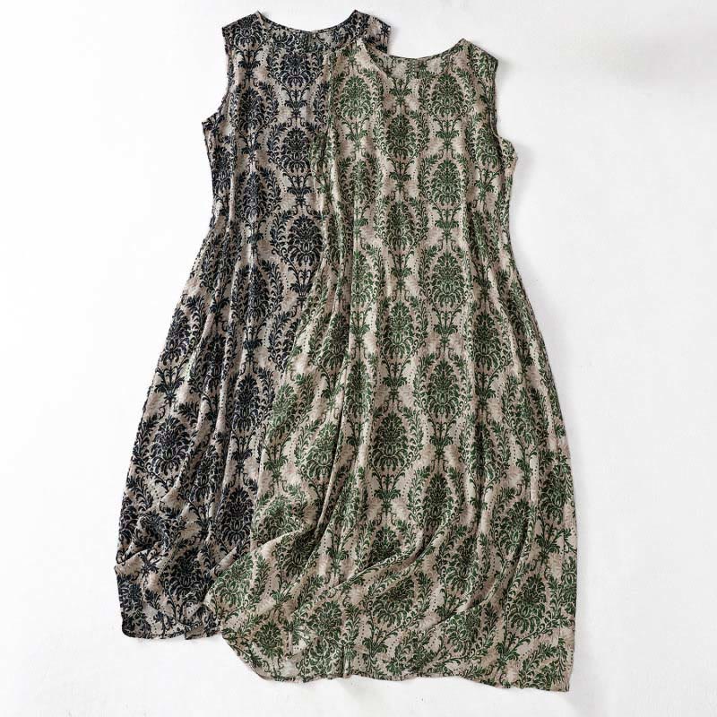 Buddha Stones Commute Summer Printing Simple Design Crew Neck Sleeveless Maxi Dress