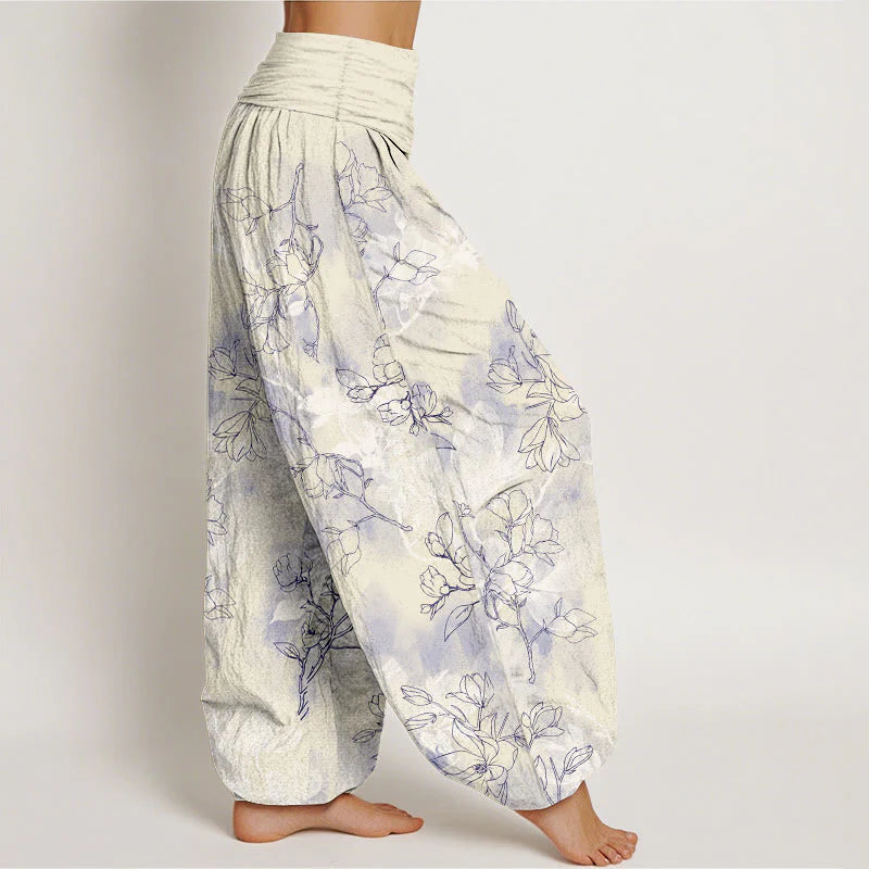 Buddha Stones Cotton Fresh Flower Bud Pattern Women's Elastic Waist Harem Pants