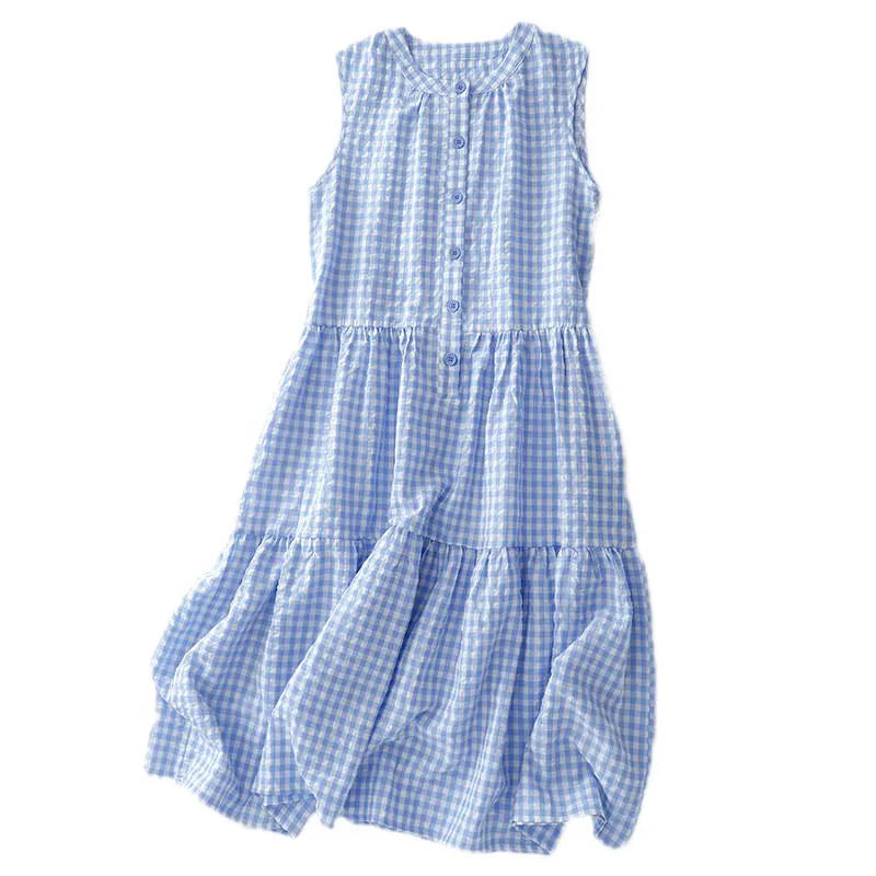 Buddha Stones Crew Neck Sleeveless Plaid Summer Cotton Knee Length Dress