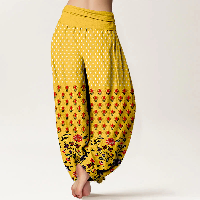 Buddha Stones Cotton Dots Red Purple Flower Pattern Women's Elastic Waist Harem Pants